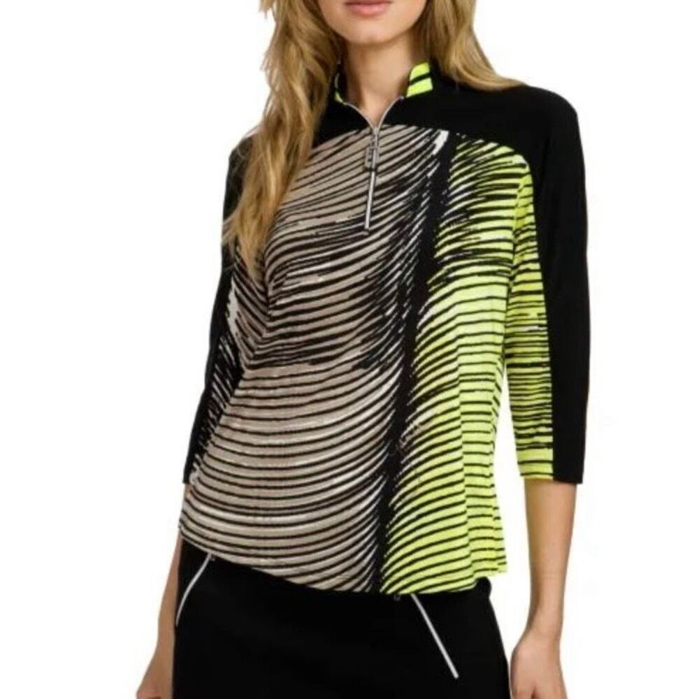 Jamie Sadock Wave Print 3/4 Sleeve Golf Top Size XS black beige neon yellow pick